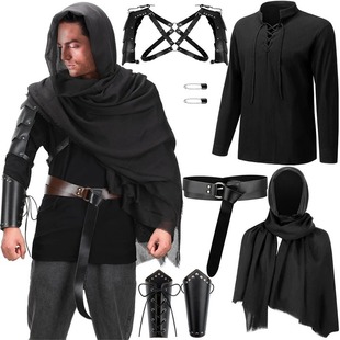 6Pcs Halloween Men Renaissance Costume Set Medieval Pirate Shirt Ankle Strap Pants