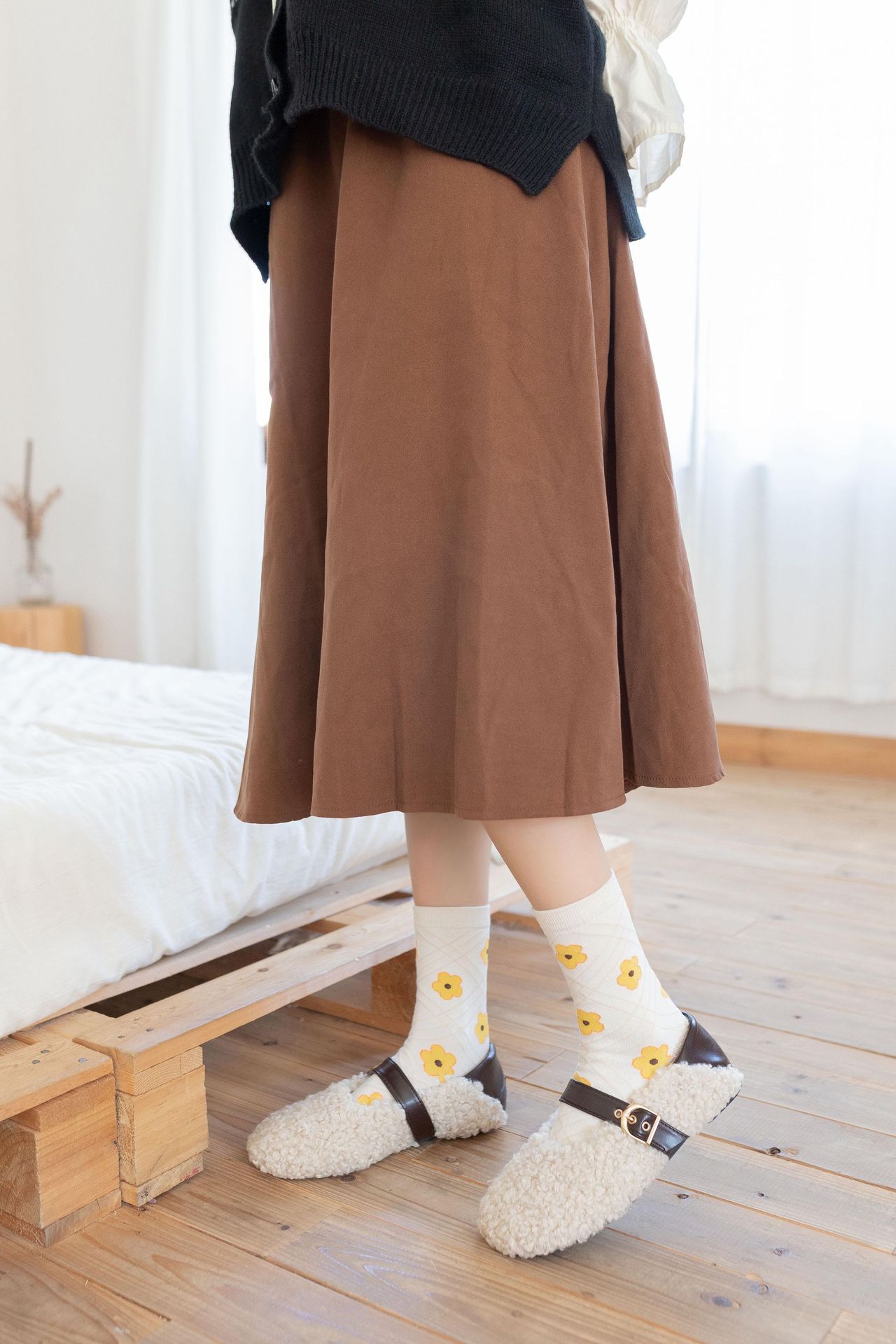 64g Weight Breathable Function Flower Pattern Yellow Color One Size Size Korean Small Flower Tube Socks Cute Retro Style Cotton Socks Four Seasons Thin Section 5