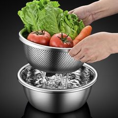 食品グレードのステンレス製洗い桶、水切りかご、米洗いざる、キッチン用多機能フルーツバスケット、家庭用水切りボウル