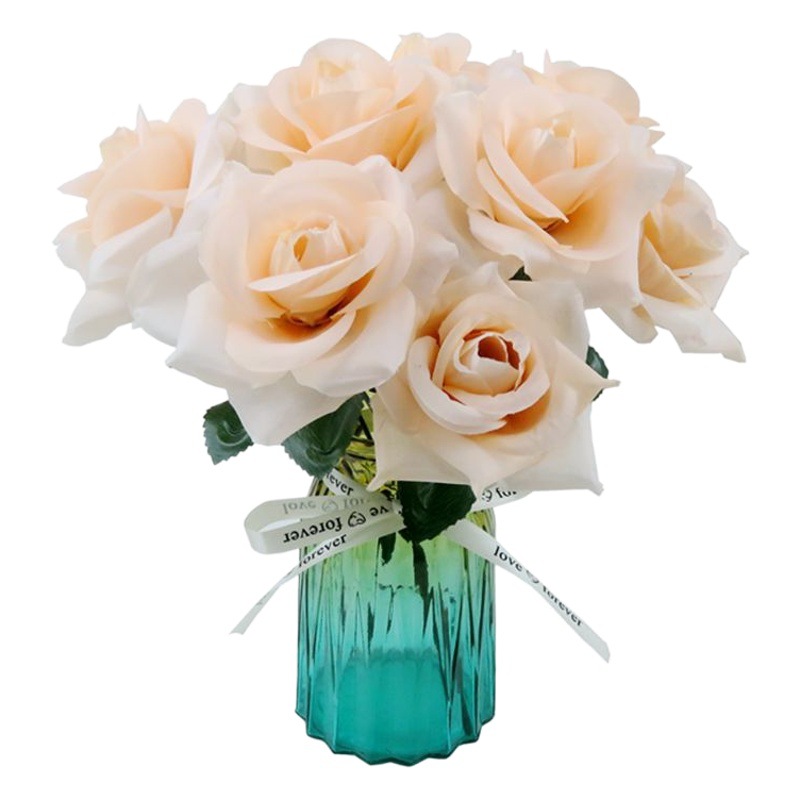 Venta al por mayor directamente de fábrica: conjunto de rosas realistas, arreglo floral decorativo en florero de vidrio, ramo de flores artificiales, alta simulación.