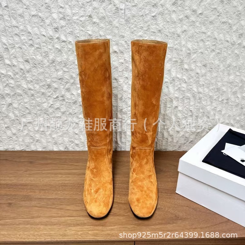 高端2025秋冬新款磨砂真皮圆头复古粗跟高筒长靴时装套筒显瘦女靴|undefined