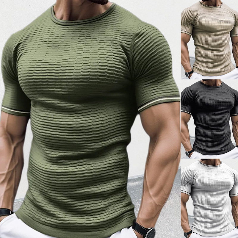 2026 New Men's Knitwear Round Neck Short-Sleeved Slim Fit Knitted T-Shirt Cross-Border Amazon European and American Muscle Men's Clothing 2026 New Men's Knitwear Round Neck Short-Sleeved Slim Fit Knitted T-Shirt Cross-Border Amazon European and American Muscle Men's Clothing