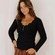 欧美休闲百搭修身长袖上衣女2025秋冬季新款纯色荷叶边落肩针织衫