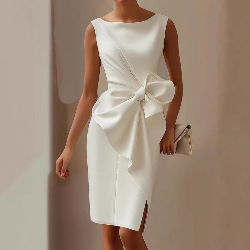 Shein Cross-Border Amazon Independent Site European and American Solid Color Dress with Bow, Fashionable Sleeveless Mid-Length Dress