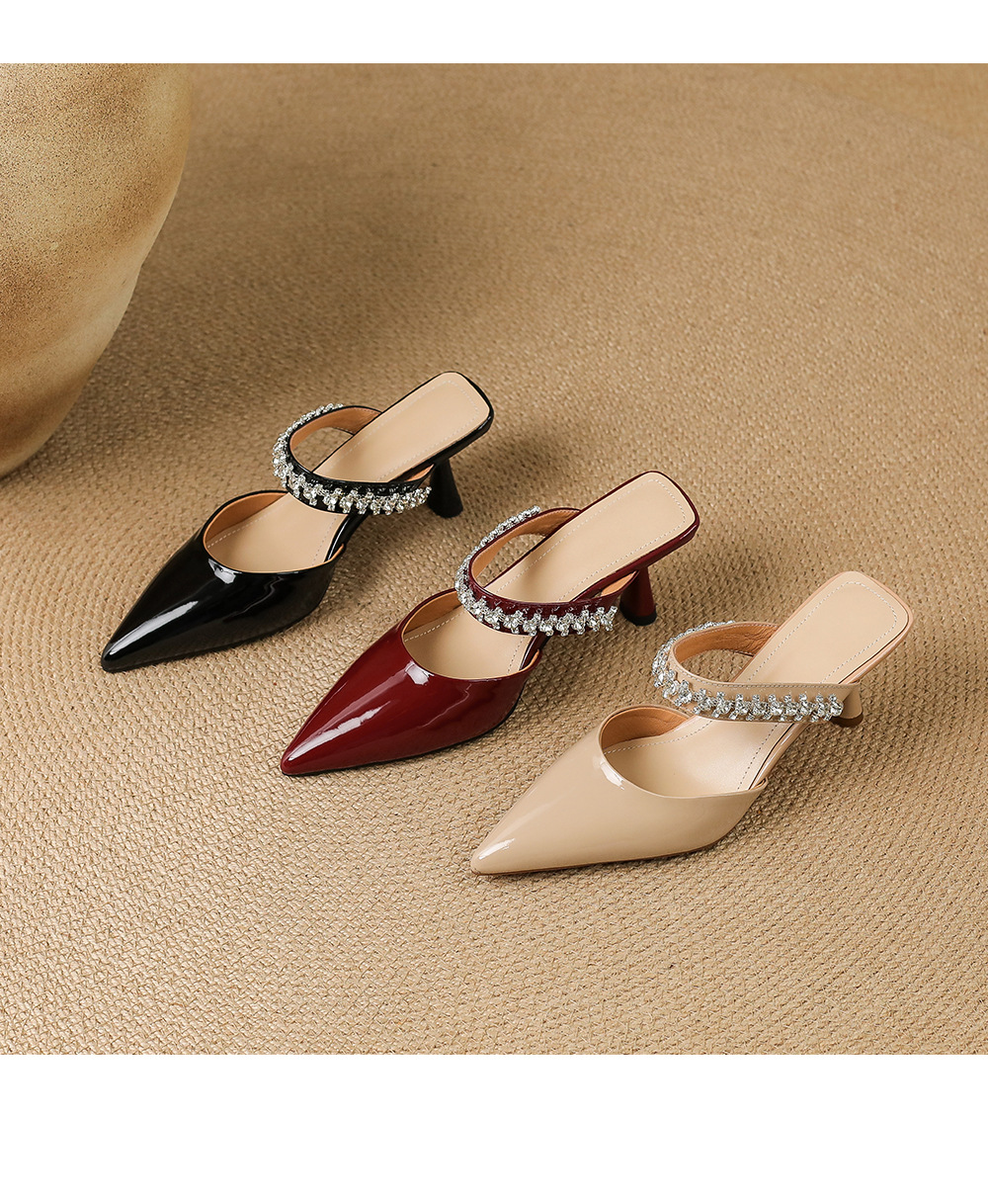 Giày sandal cao gót nữ mũi nhọn đính đá kiểu Pháp, gót nhọn 9 cm — đen chi tiết 17