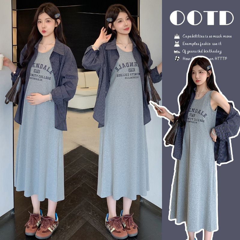 Maternity Wear 2025 Autumn Elegant Plaid Shirt Suspender Dress Two-Piece Long Sleeve Set