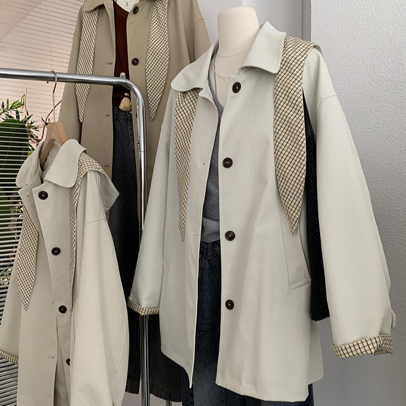 Omalai Lapel Single-Breasted Detachable Hat Windbreaker Autum Long-Sleeved Mid-Length Outwear Top for Women 4427