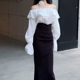 网红同款灯笼袖荷叶一字领露肩上衣+高腰鱼尾长裙两件套女套装潮