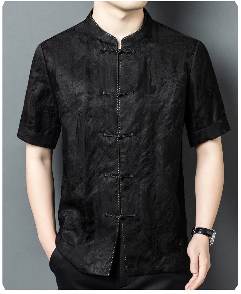 Áo sơ mi ngắn tay nam mulberry silk mỏng nhẹ mùa hè dáng rộng — Đen 26A230 chi tiết 10