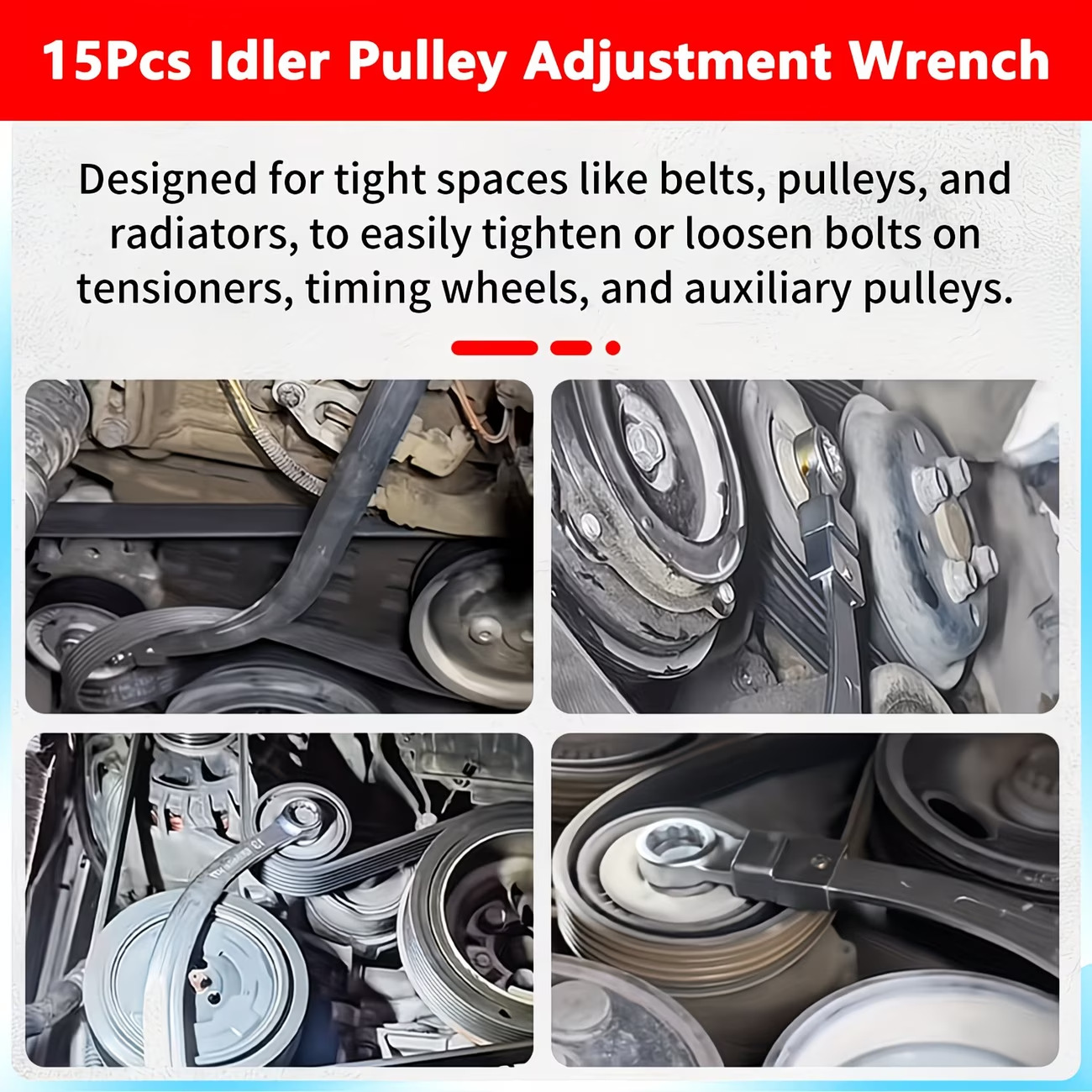 15-Piece Set of Pulley Wrenches, Engine Idler Tensioner Pulley Adjustment Wrenches, Extended Socket Wrenches