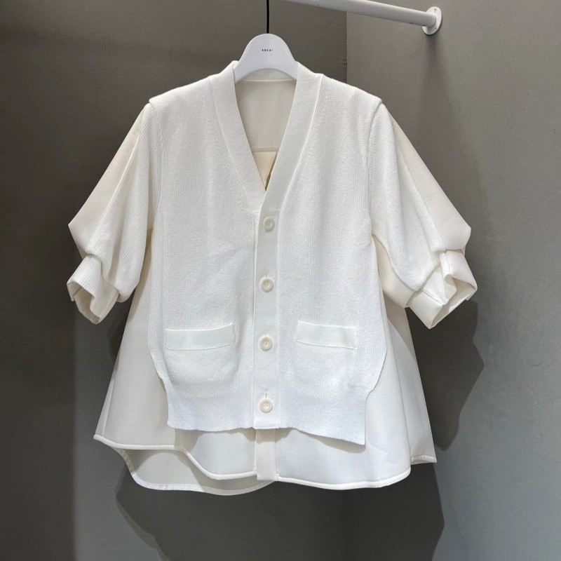 FOG SACAI 25秋款拼接针织开衫宽松休闲短袖外套百搭显瘦中袖上衣|undefined