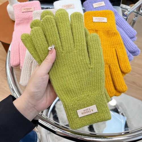 Korean knitted woolen gloves for women in winter, thickened and velvet, candy-colored, cycling touch screen, five fingers exposed