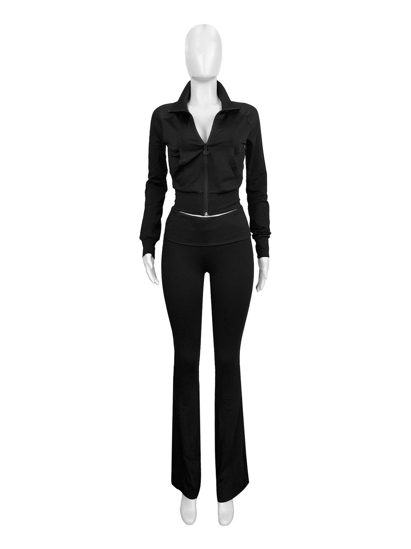 Women Clothing Sports Casual Tight Zipper Low Waist Fold Slightly Flared Fleece Lined Two Piece Sets