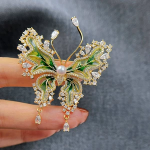 DIY Accessories Light Luxury Retro Enamel Butterfly Brooch for Women Copper Gold-Plated Zircon Pin Brooch Pearl Empty Holder