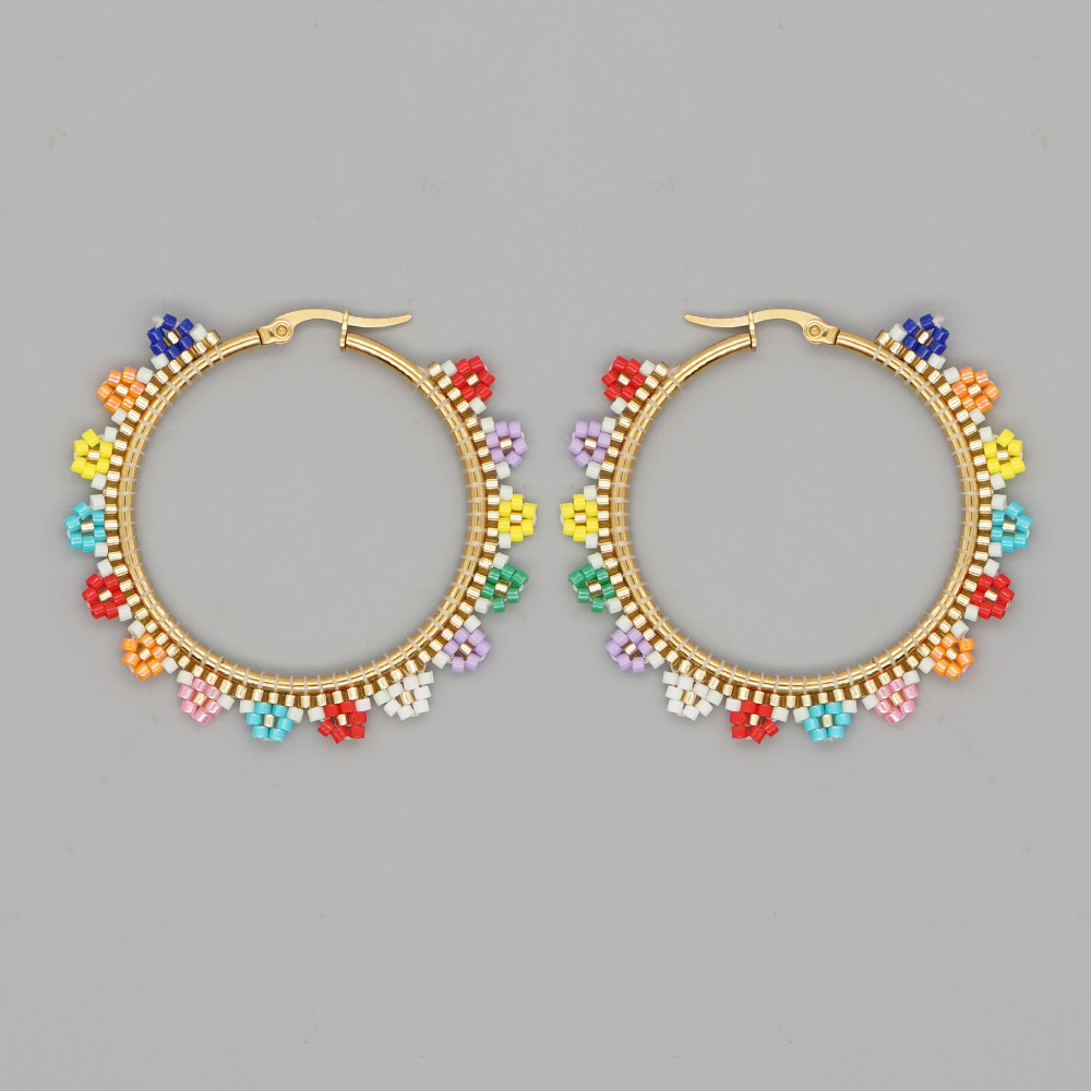 Geometric Pattern Women'S Gender Miyuki Beads Color Flowers Stainless Steel Large Circle Bohemian Style Earrings Wholesale Jewelry Nihaojewelry