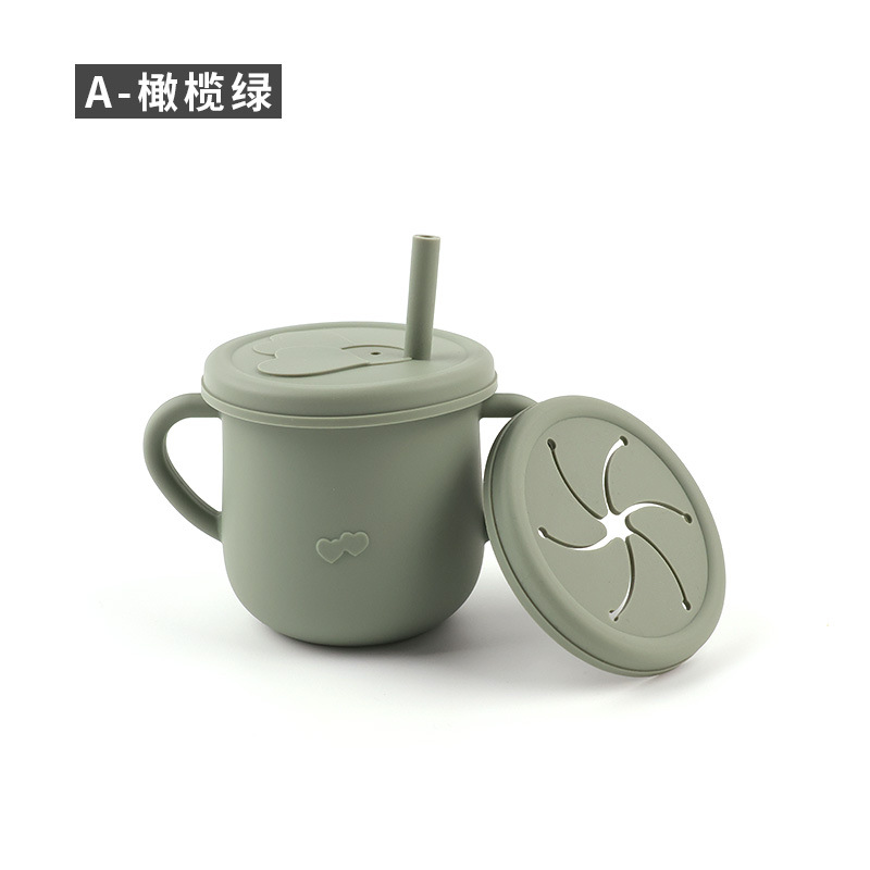 Taza de agua de paja de silicona para niños de grado alimenticio Taza de agua a prueba de caídas Taza de agua de silicona binaural para bebés Taza de silicona para aprender a beber