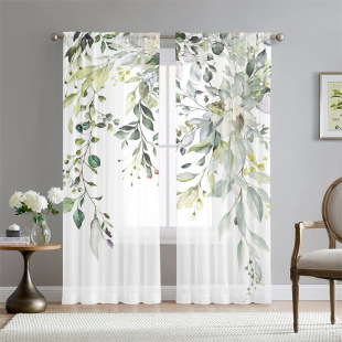 Cross-border direct supply of simple and elegant plant printing window curtain green plant Creative Printing hotel bedroom light transmission window curtain wholesale