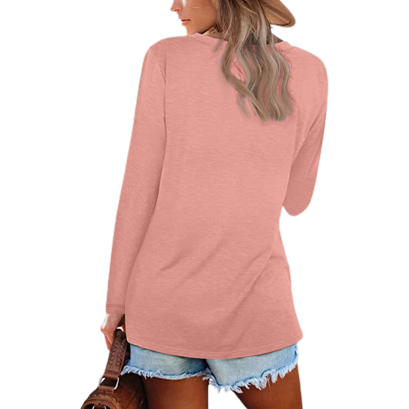 Women's T-shirt V-neck Loose Long Sleeved Solid Colour Top_voghion.com