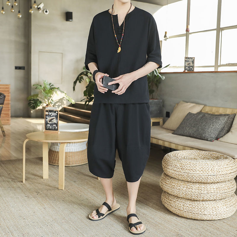 Nuevo traje de lino de verano para hombre Camiseta de estilo chino de manga corta de dos piezas de gran tamaño pantalones recortados sueltos para hombre
