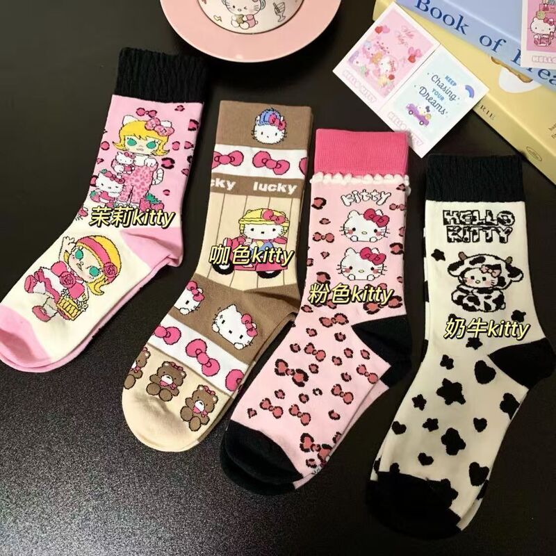 Japanese-Style Cute Cartoon Anime Hello Kitty Mid-Tube Socks for Girls, Academy Style, Spring and Autumn Cotton Socks, Sweet and Trendy Ab Socks for Women