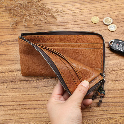 Men's retro vegetable-tanned first-layer cowhide long zipper wallet large-capacity clutch youth wallet student wallet