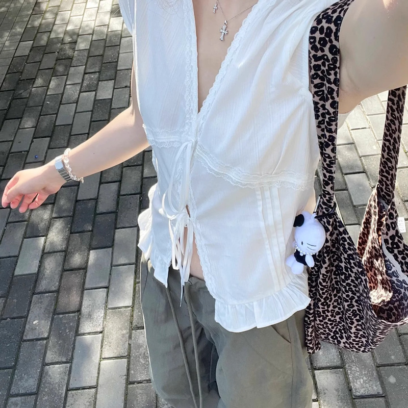 Korean Lace White Short-Sleeved Shirt for Women in Summer Pure Lust Texture Slimming Look Lace-Up Short-Sleeved Top