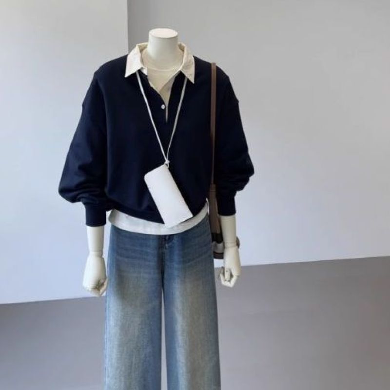 So Korean! High-End, Super Nice, Chic, Fashionable, Niche Design, Blue Fake Two-Piece Sweatshirt for Women