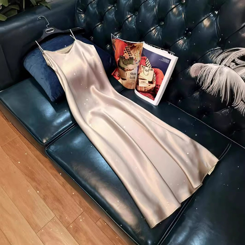 V-Neck French Acetate Satin Suspender Dress for Women in Summer with Vest Skirt, Slimming Look and Sexy Long Skirt