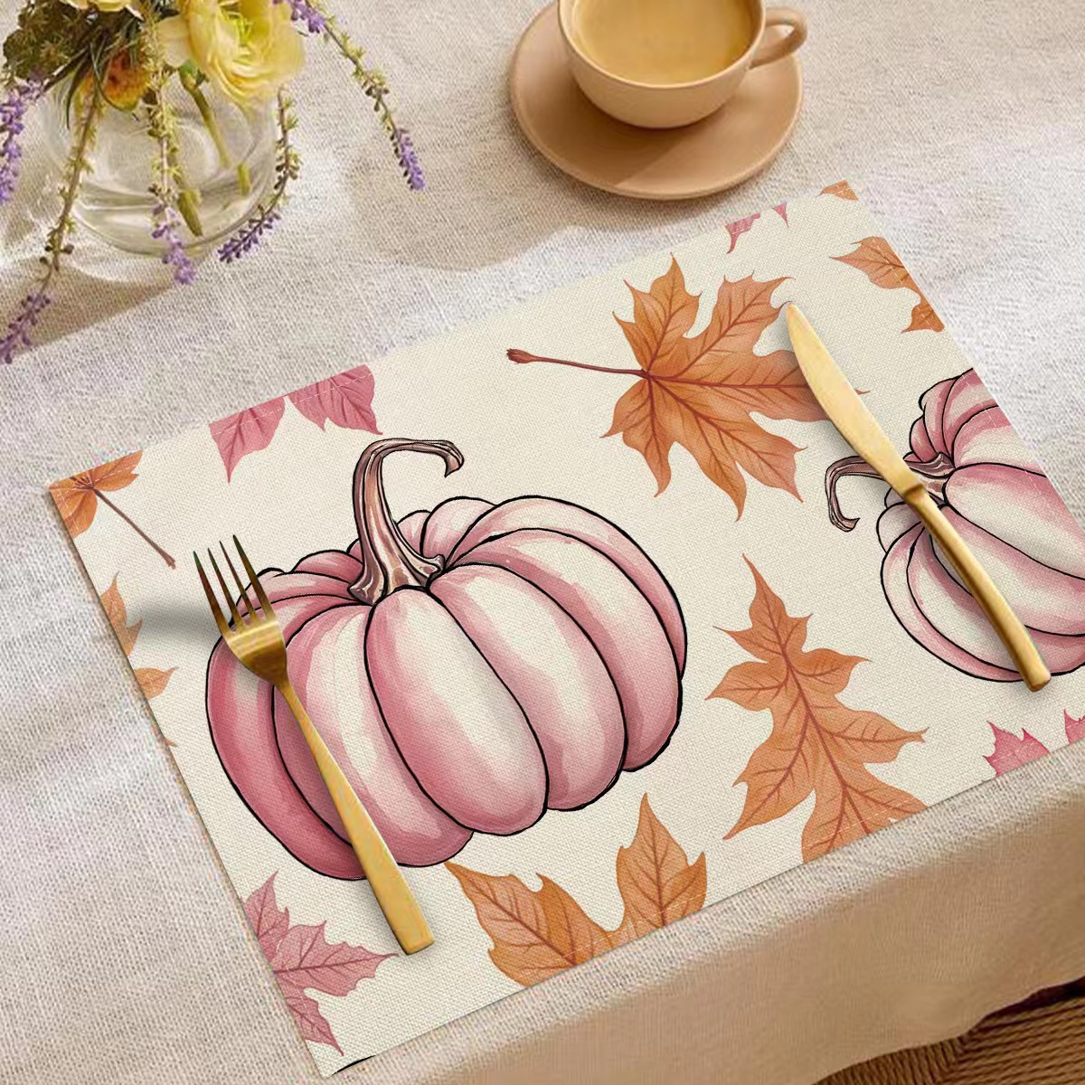 Transfronterizo temu explosión Día de Acción de Gracias otoño calabaza lino estampado conjunto lino estampado mesa de restaurante