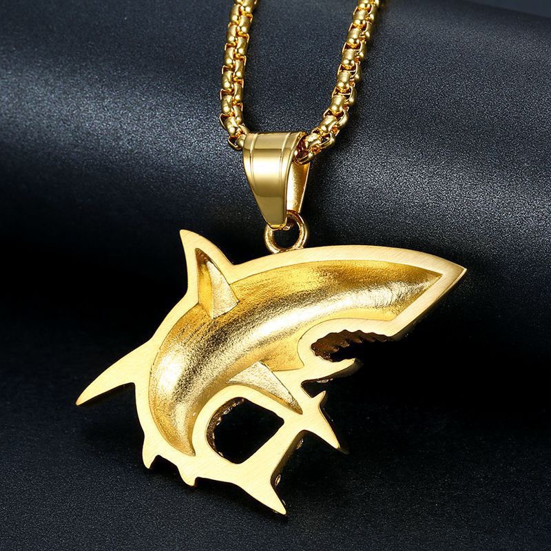 Titanium Steel Material Shark Pattern Hip-Hop Shark Titanium Steel Plating Rhinestones 18K Gold Plated Men's