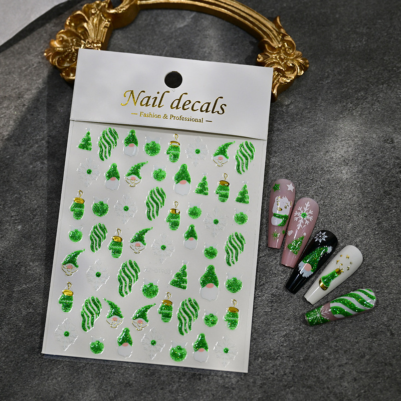 Christmas Green Glitter Nail Art Sticker Santa Claus Christmas Tree Nail Art Decoration Adhesive Self-adhesive Nail Art Sticker