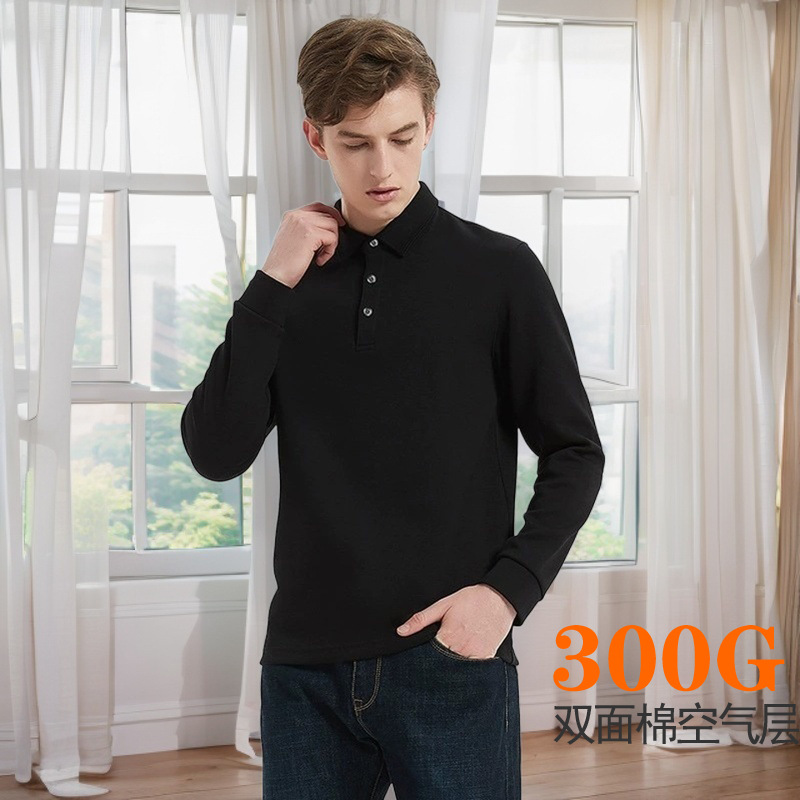 Customized Thick Cotton Long-Sleeve Polo Sweatshirt, Simple Men's Spring and Autumn Washed Top, Casual Solid Color Polo Shirt with a Turn-Down Collar