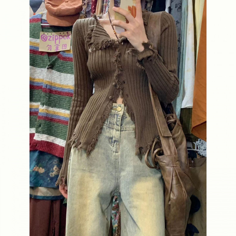 (2개) TASSEL 다크 브라운 긴팔 스웨터 코트 여성용 가을 레트로 2024 새로운 디자인 센스 슬림 핏 패션 니트 카디건