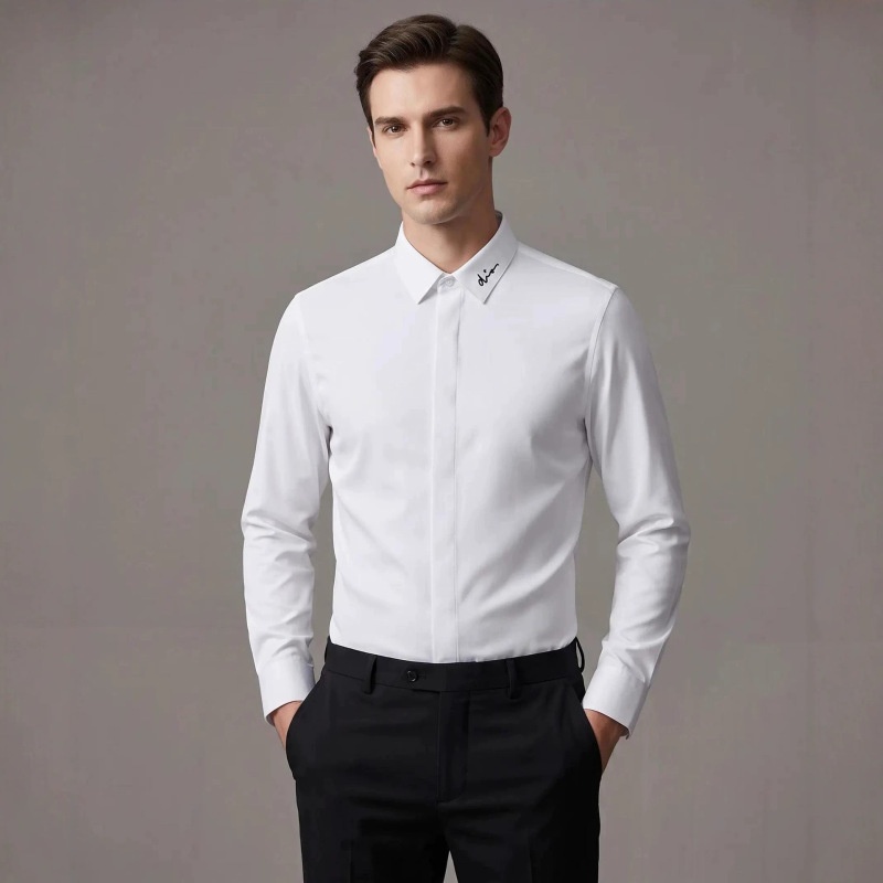 Solid Color Embroidered Signature Collar Men's Long-Sleeve Shirt, Embroidered Tencel Cotton Business Men's Base Layer, Non-Iron Short-Sleeve Shirt Solid Color Embroidered Signature Collar Men's Long-Sleeve Shirt, Embroidered Tencel Cotton Business Men's Base Layer, Non-Iron Short-Sleeve Shirt