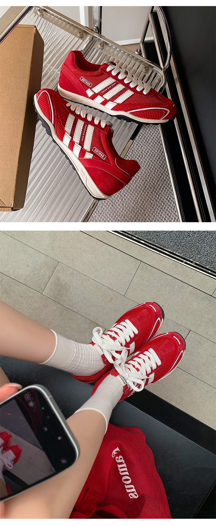 Giày sneaker nữ đế dày phong cách retro cổ điển, tăng chiều cao nhẹ, thoáng khí — xanh lam, màu đỏ chi tiết 7