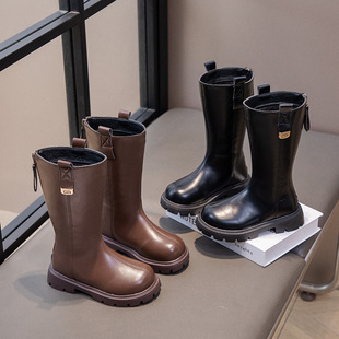 Girls Shoes Children's Long Boots Big Boys and Girls High Barrel Styline Long Boots New Autumn and Winter fleece-lined Leather Boots