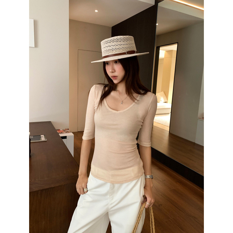 Lyocell Tencel Wool U-neck Thin Mid-Sleeve T-shirt for Women, Summer 2026, Popular Trending Women's Top