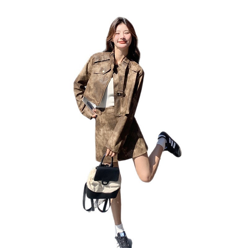 美拉德皮衣短裙套装女秋季2025新款一整套穿搭又a又飒高级两件套|undefined