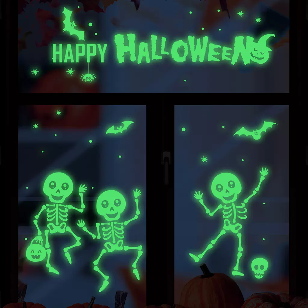 Happy Halloween三小人骨头夜光贴发光墙贴 AFG3430蝙蝠夜光墙贴