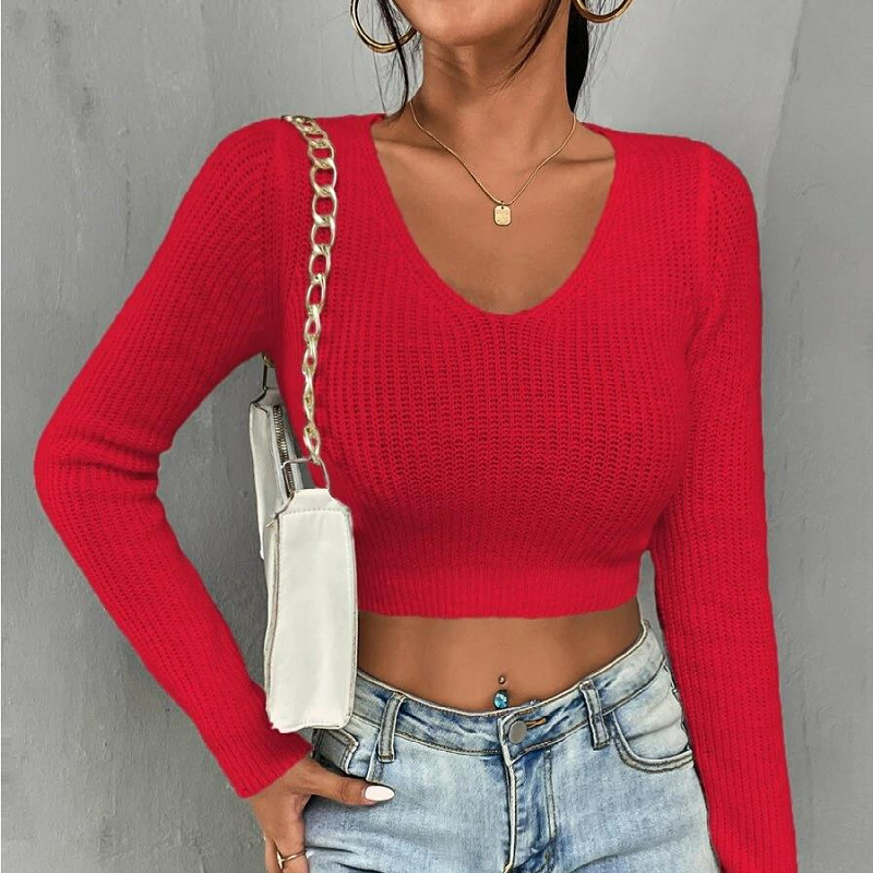 Gestricktes T-Shirt für Damen mit langen Ärmeln und kurzem Bauchnabel, rosa gestrickte Pulloverbluse_voghion.com