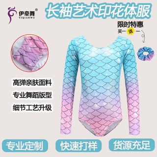 新款欧美表演体操服长袖印花女童三角连体短裤儿童体操舞蹈训练服