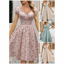 欧美女装亚马逊跨境新款复古碎花泡泡袖法式连衣裙外贸爆款独立站