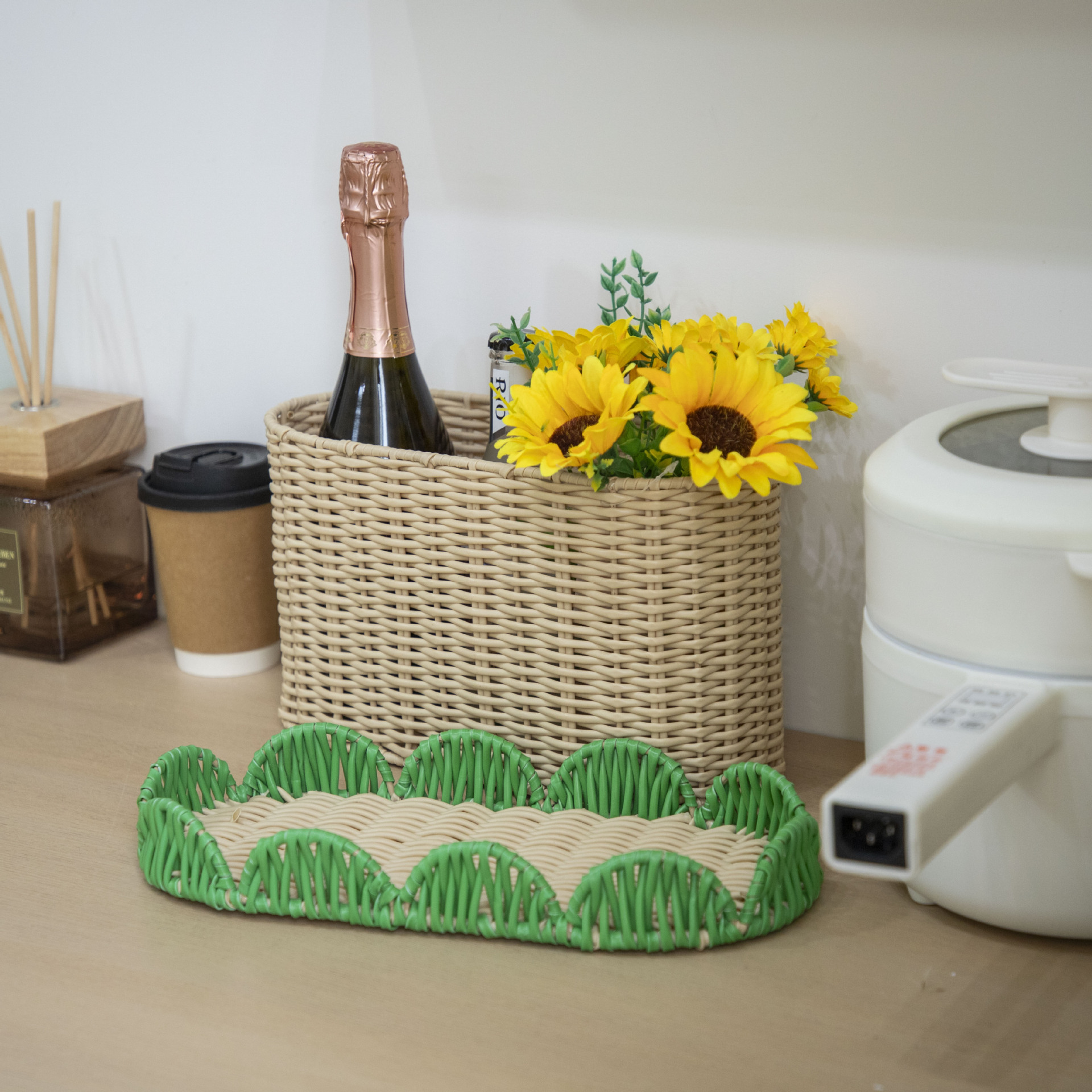 Amazon nuevo producto de caña verde canasta de encaje pequeño almacenamiento fresco almacenamiento de escritorio almacenamiento de gabinete de acabado