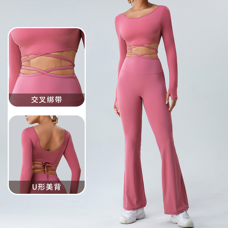 Primavera nueva ropa de yoga de manga larga cruzada de banda fina para mujer corriendo transpirable de secado rápido camiseta deportiva top ropa de fitness