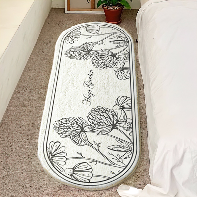 JW美式花卉撸猫感卧室地毯床边毯地垫床尾椭圆轻奢茶几地毯床前脚