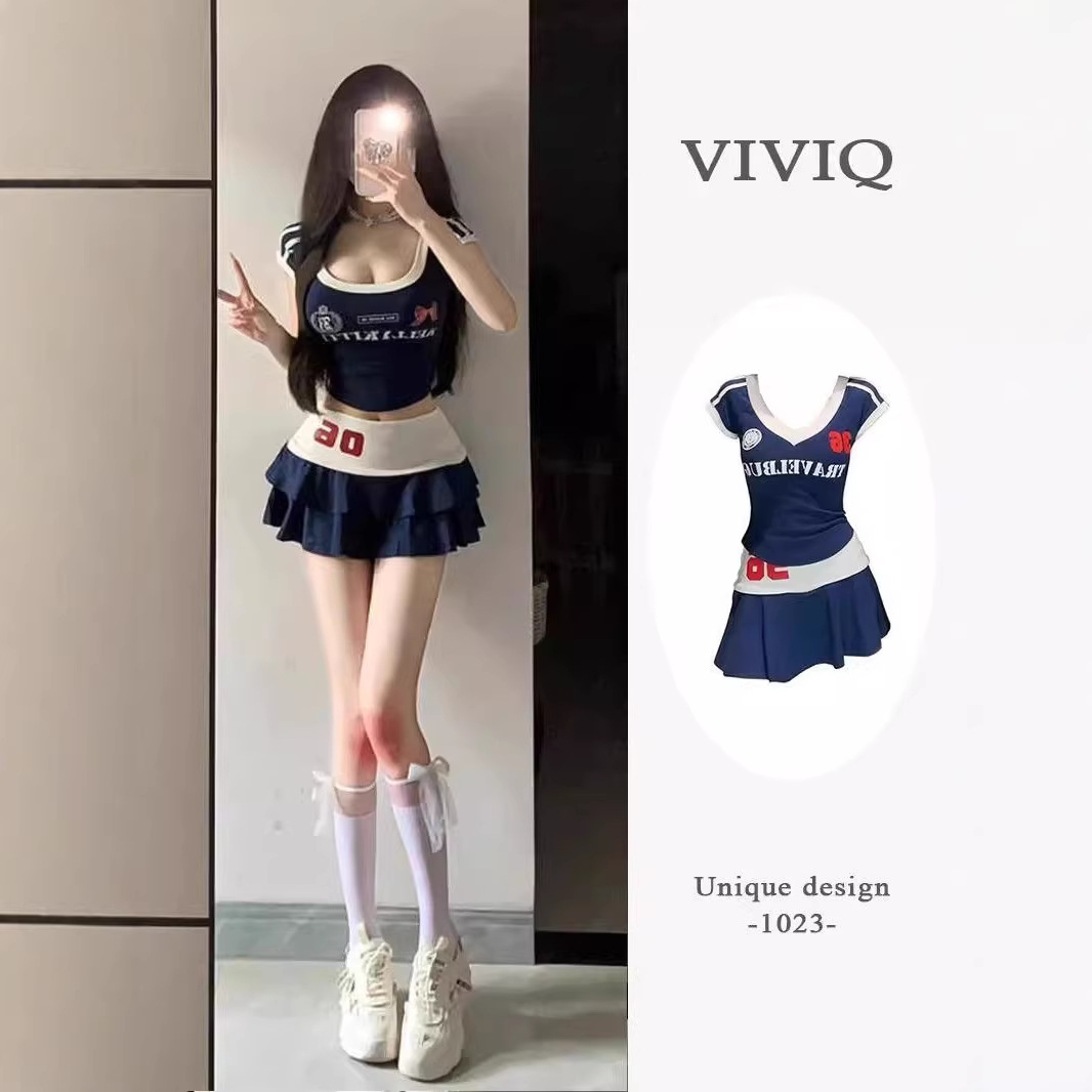American College Style Casual Sports Style Suit for Women, Spring Sexy U-Neck Short-Sleeved Top, A-Line Short Skirt Two-Piece Set