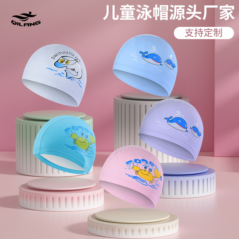 Logo personalizado sombreros de natación para niños recubiertos PU dibujos animados lindos niños y niñas impermeables gorras de protector de orejas fábrica directa