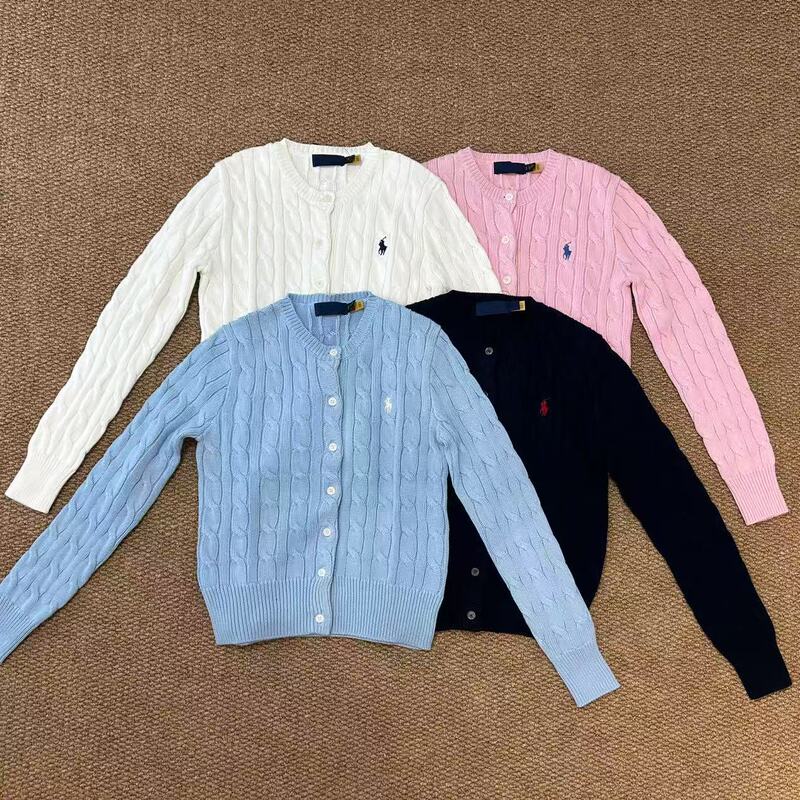 High-Quality Rl Ralph Lauren Style Long-Sleeve Knit Sweater with Hemp Flower Pattern Cardigan Jacket with Pony Logo Women's Top