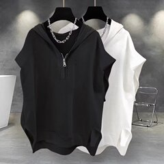 純色のファスナーと帽子の袖なしtシャツ男性夏ins韓国版ファッション