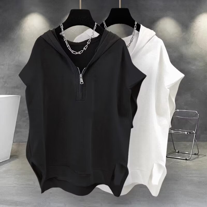 Solid Color Zipper Hooded Sleeveless T-shirt Men's Summer Ins Korean Style Fashionable All-match Handsome Casual Loose Waistcoat Vest